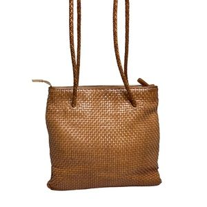 LAURA ASHLEY Vintage Woven Rattan Genuine Leather Shoulder Bag Handbag Purse Tan